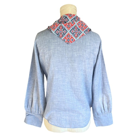 Vintage 60s Sears Perma Prest Blue Chambray Shirt Red White Blue Bandana Tie Top - Picture 3 of 6